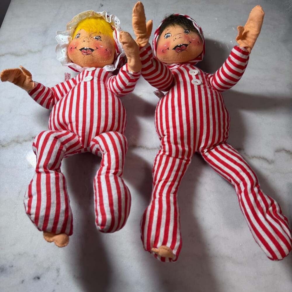 Vintage 1965 Annalee Mobilitee Striped Pajamas Elf Dolls Pair